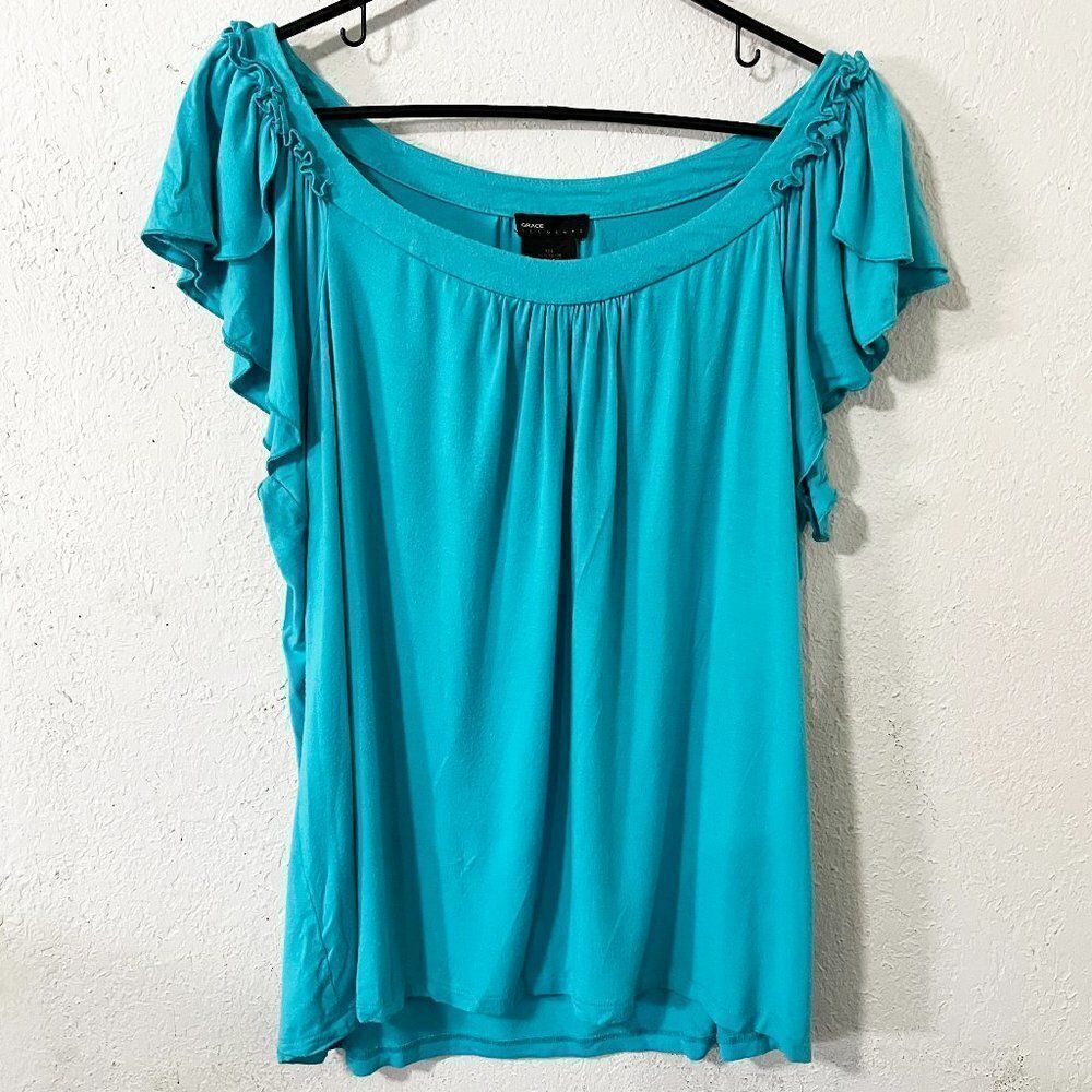 🔮 5/$25 Grace‎ Elements Turquoise Ruffle Cap Sleeve Top